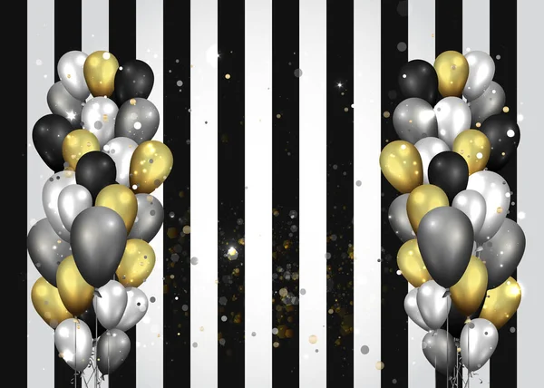 Золотые черные и серебряные шарики на блестящих полосатых черно-белых и почему — стоковый вектор