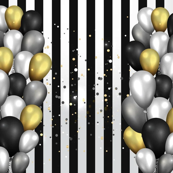 Χρυσό μαύρο και ασημί μπαλόνια σε γυαλιστερό ριγέ μαύρο και whi — Διανυσματικό Αρχείο