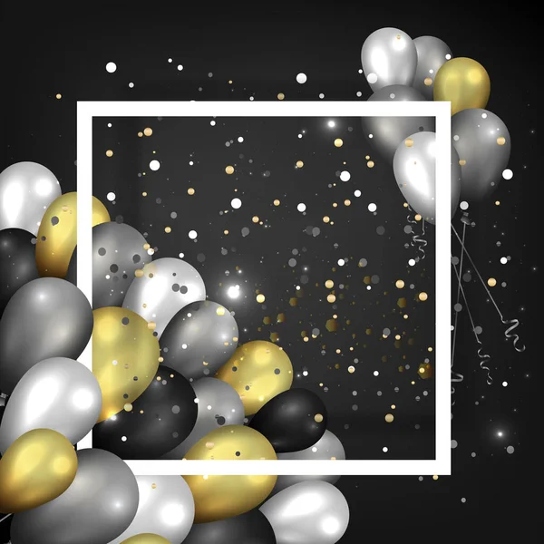 Χρυσό μαύρο και ασημί μπαλόνια με λευκό πλαίσιο σε γυαλιστερό μαύρο — Διανυσματικό Αρχείο