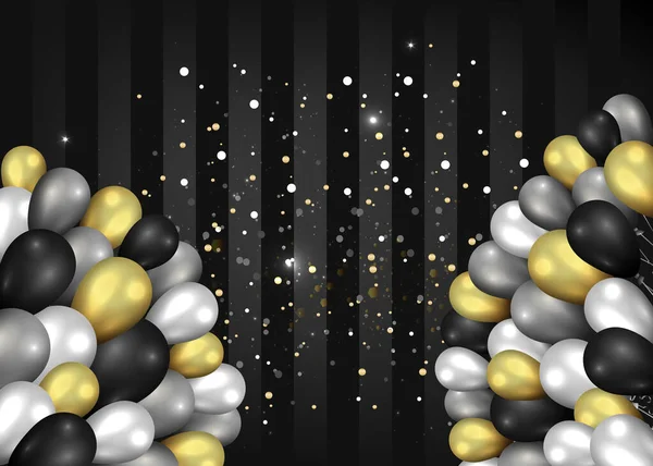 Globos de oro negro y plata brillante fondo negro, lindo co — Vector de stock