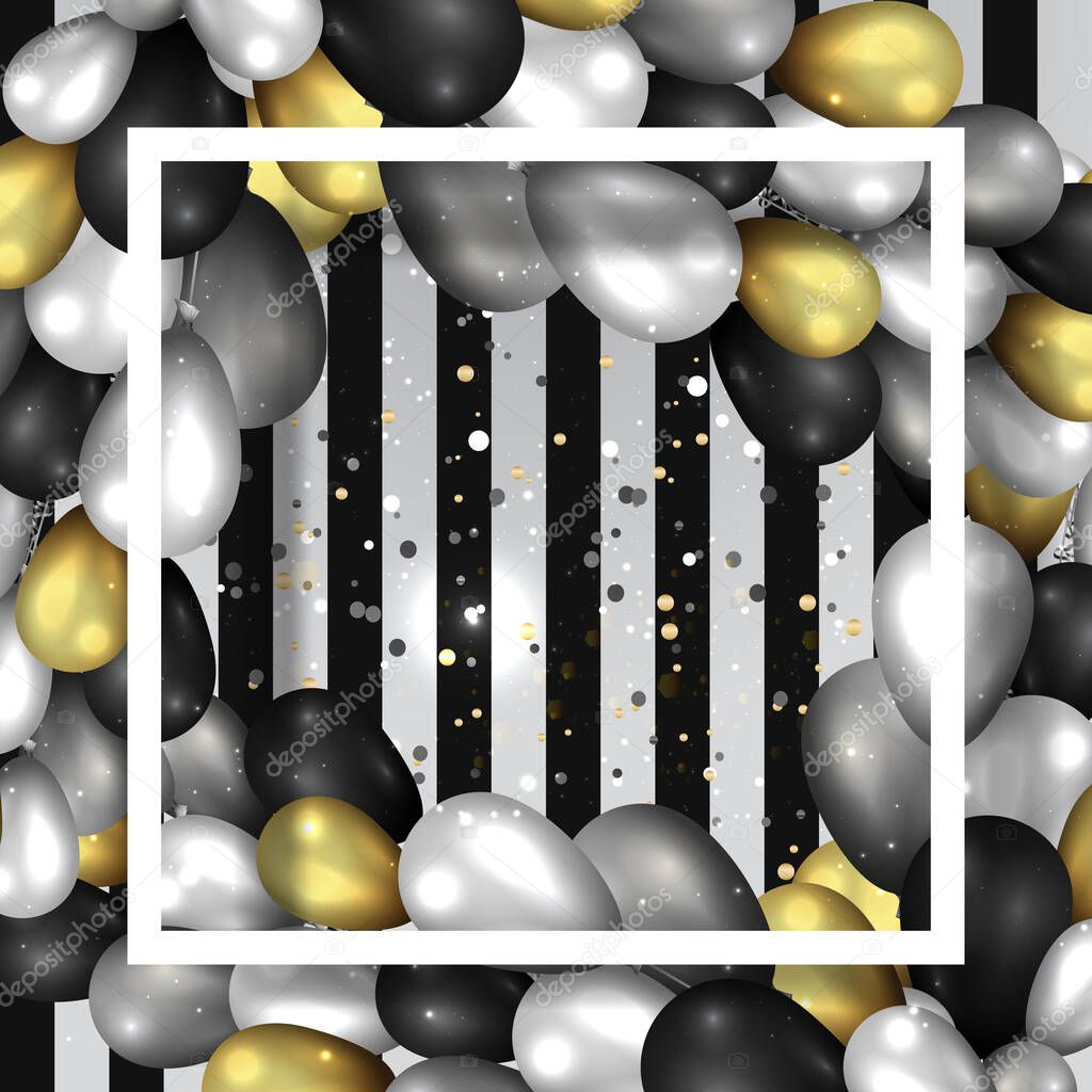 Golden black and silver balloons with white frame on shiny stria