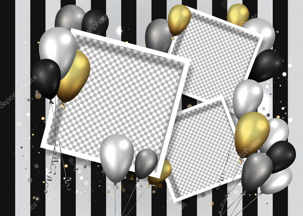 Golden black and silver balloons with white frame on shiny stria