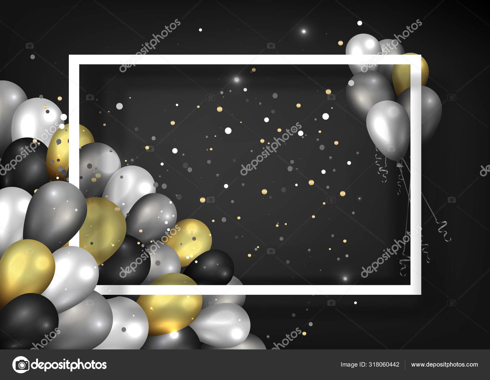 Golden black and silver balloons with white frame on shiny stria Stock  Vector Image by ©Pollywa #318060442