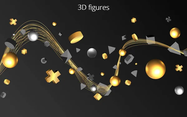 3D primitivas pretas com figuras metálicas douradas, vec realista — Vetor de Stock