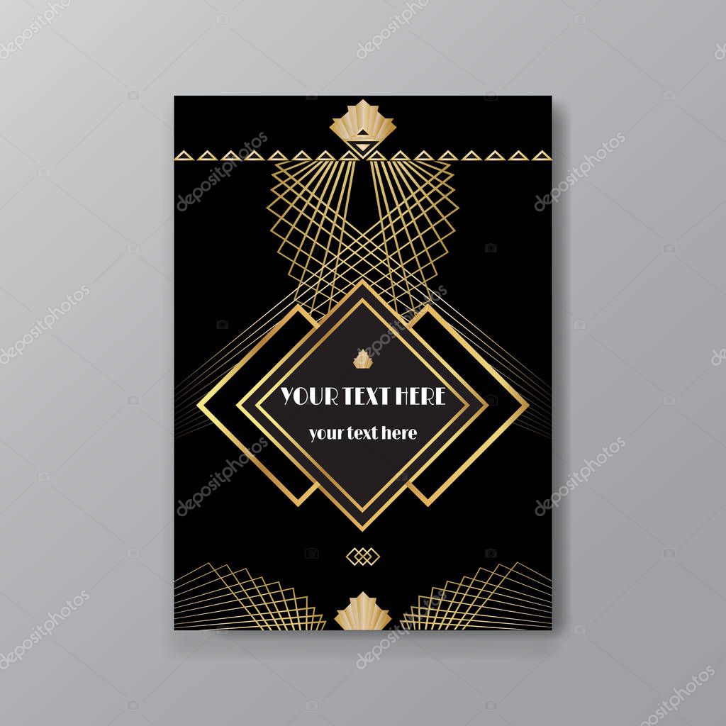Art Deco elegant golden black page template, retro  style for web and print, city and the lights with golden geometric lines pattern. Modern design for menu or flyer, luxury gentle invitation