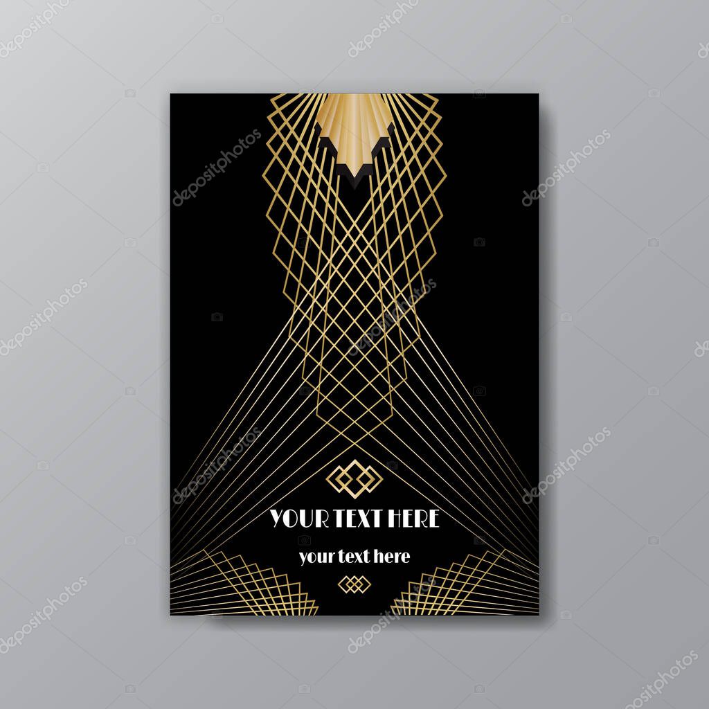 Art Deco elegant golden black page template, retro  style for web and print, city and the lights with golden geometric lines pattern. Modern design for menu or flyer, luxury gentle invitation