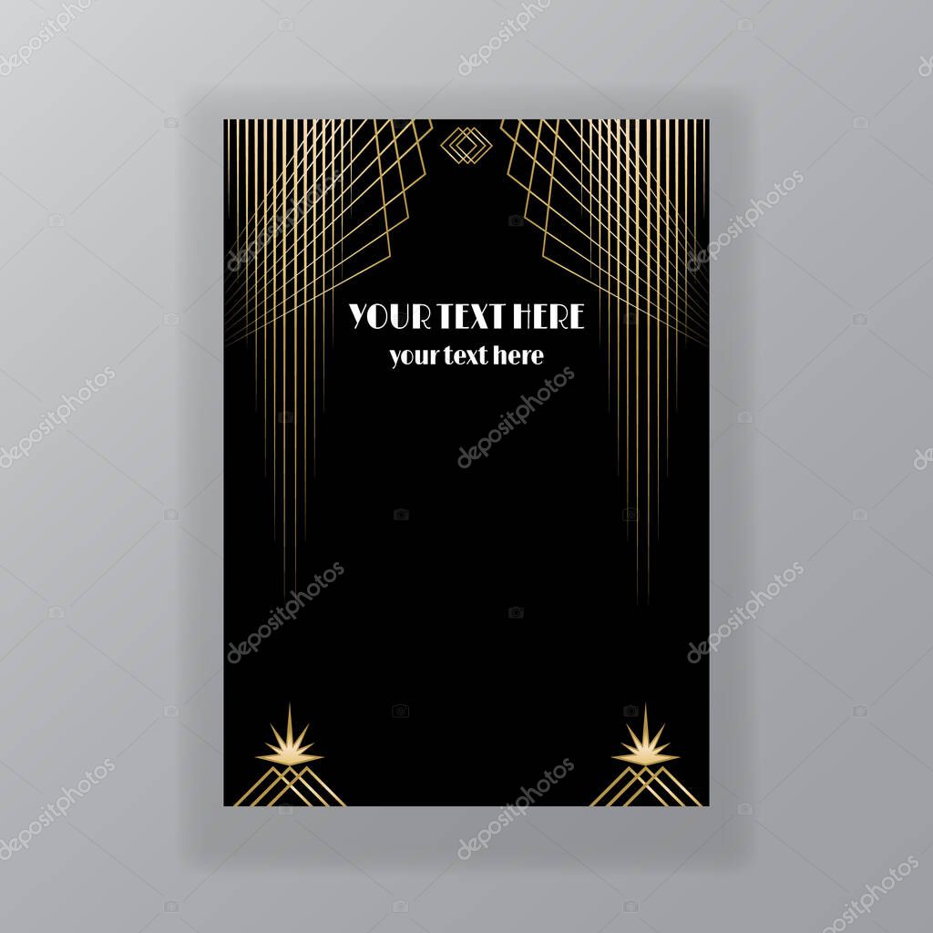Art Deco elegant golden black page template, retro  style for web and print, city and the lights with golden geometric lines pattern. Modern design for menu or flyer, luxury gentle invitation