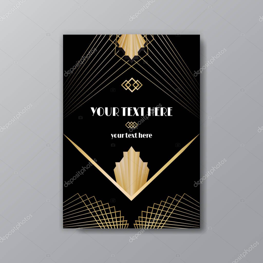 Art Deco elegant golden black page template, retro  style for web and print, city and the lights with golden geometric lines pattern. Modern design for menu or flyer, luxury gentle invitation