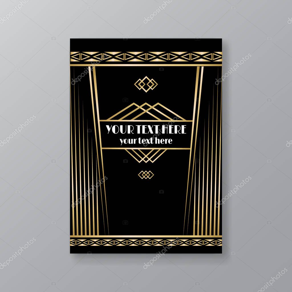 Art Deco elegant golden black page template, retro  style for web and print, city and the lights with golden geometric lines pattern. Modern design for menu or flyer, luxury gentle invitation