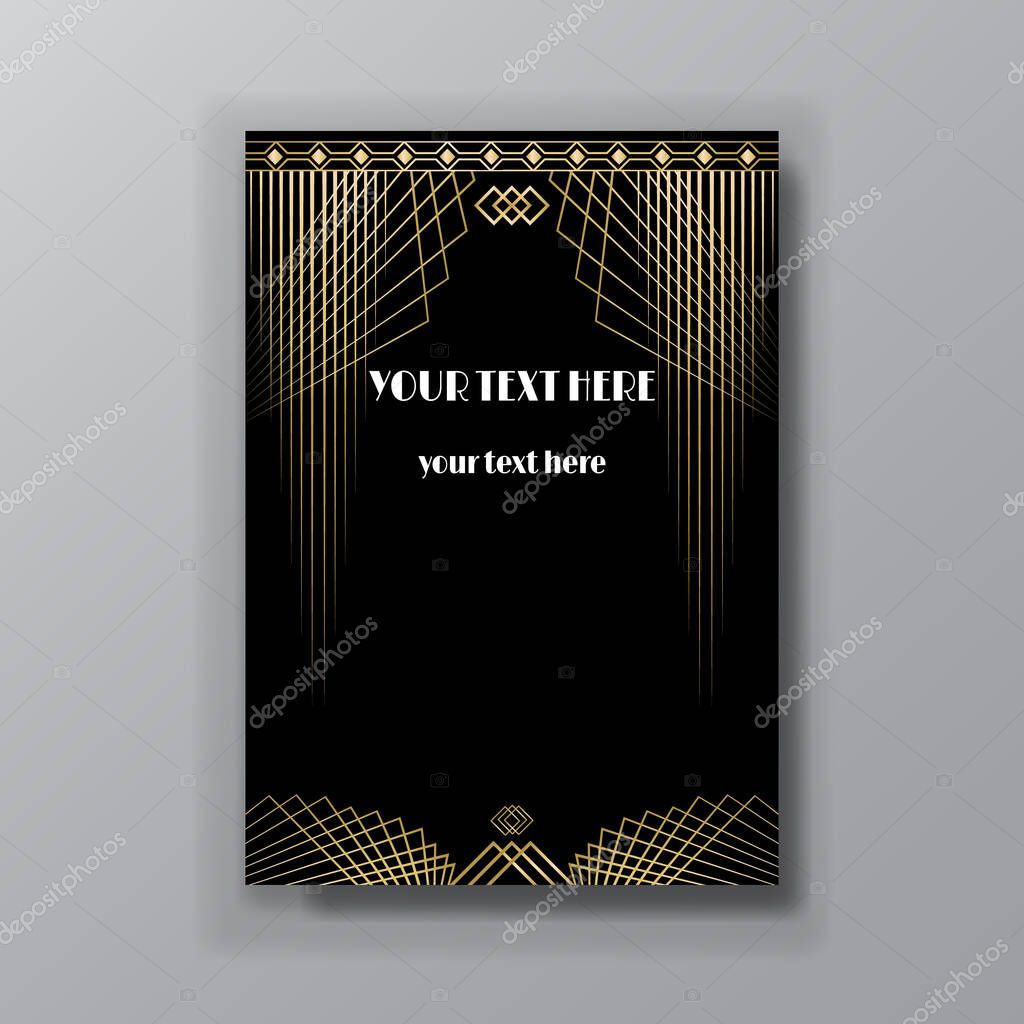 Art Deco elegant golden black page template, retro  style for web and print, city and the lights with golden geometric lines pattern. Modern design for menu or flyer, luxury gentle invitation