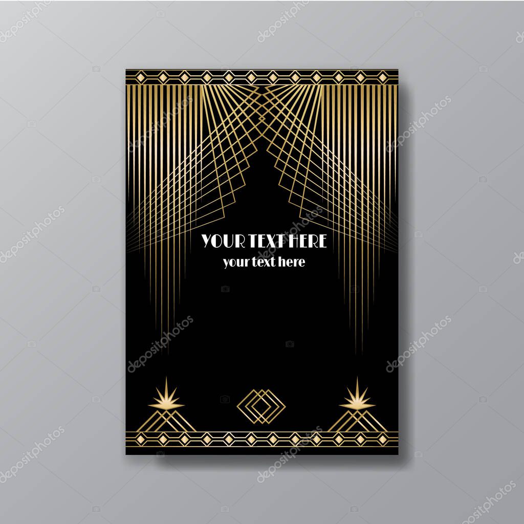 Art Deco elegant golden black page template, retro  style for web and print, city and the lights with golden geometric lines pattern. Modern design for menu or flyer, luxury gentle invitation