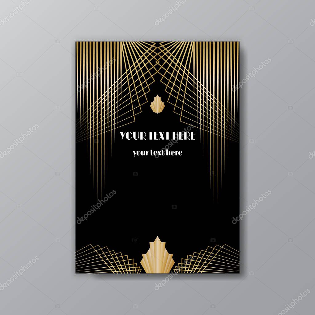 Art Deco elegant golden black page template, retro  style for web and print, city and the lights with golden geometric lines pattern. Modern design for menu or flyer, luxury gentle invitation