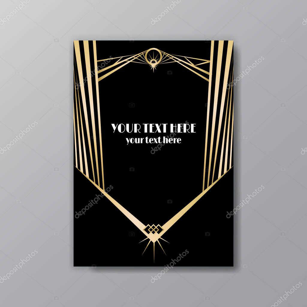 Art Deco elegant golden black page template, retro  style for web and print, city and the lights with golden geometric lines pattern. Modern design for menu or flyer, luxury gentle invitation