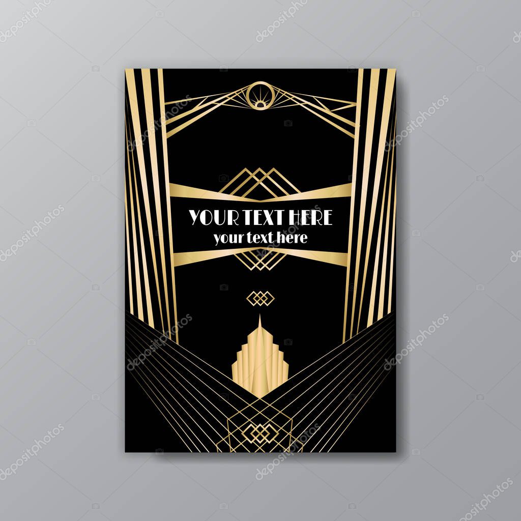 Art Deco elegant golden black page template, retro  style for web and print, city and the lights with golden geometric lines pattern. Modern design for menu or flyer, luxury gentle invitation