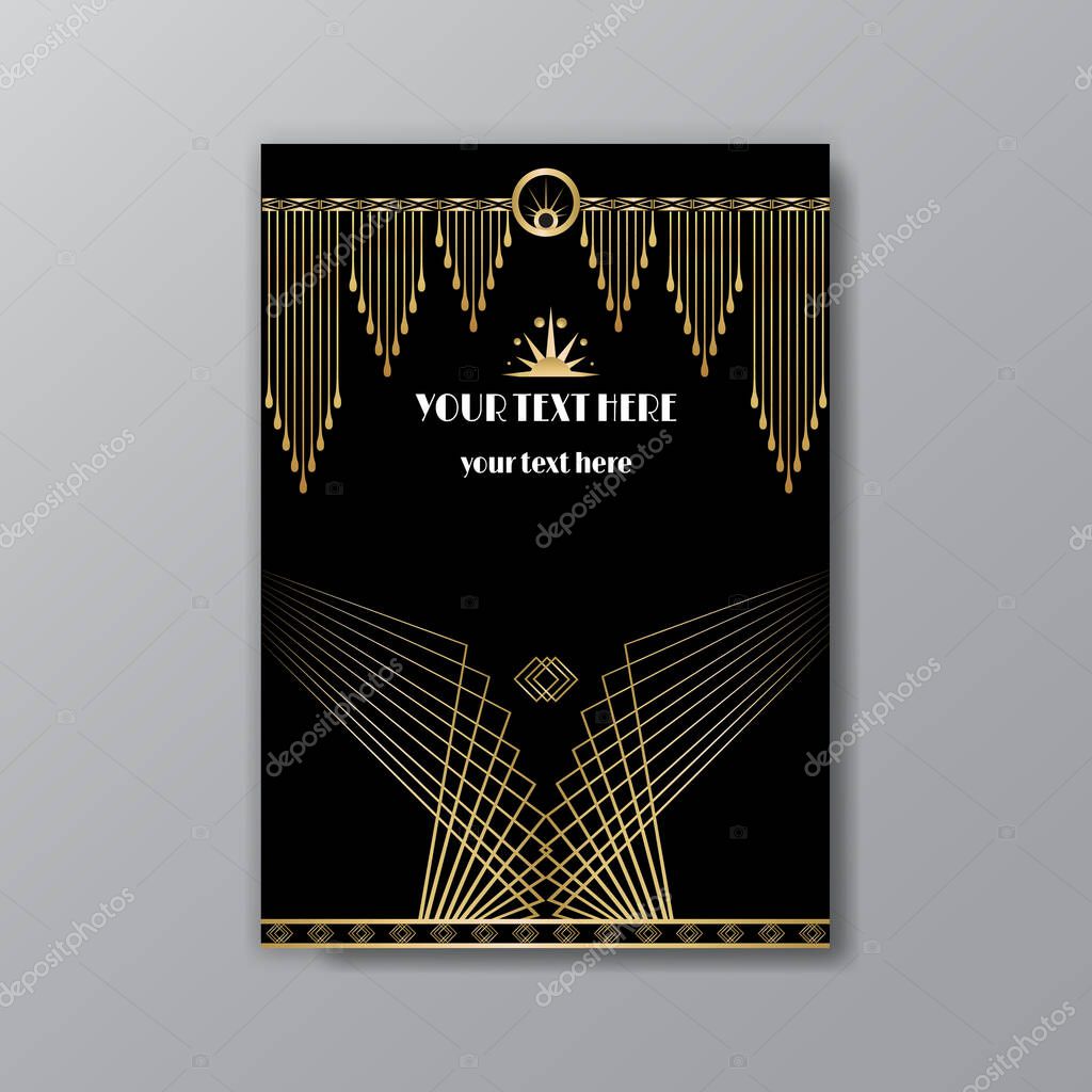 Art Deco elegant golden black page template, retro  style for web and print, city and the lights with golden geometric lines pattern. Modern design for menu or flyer, luxury gentle invitation