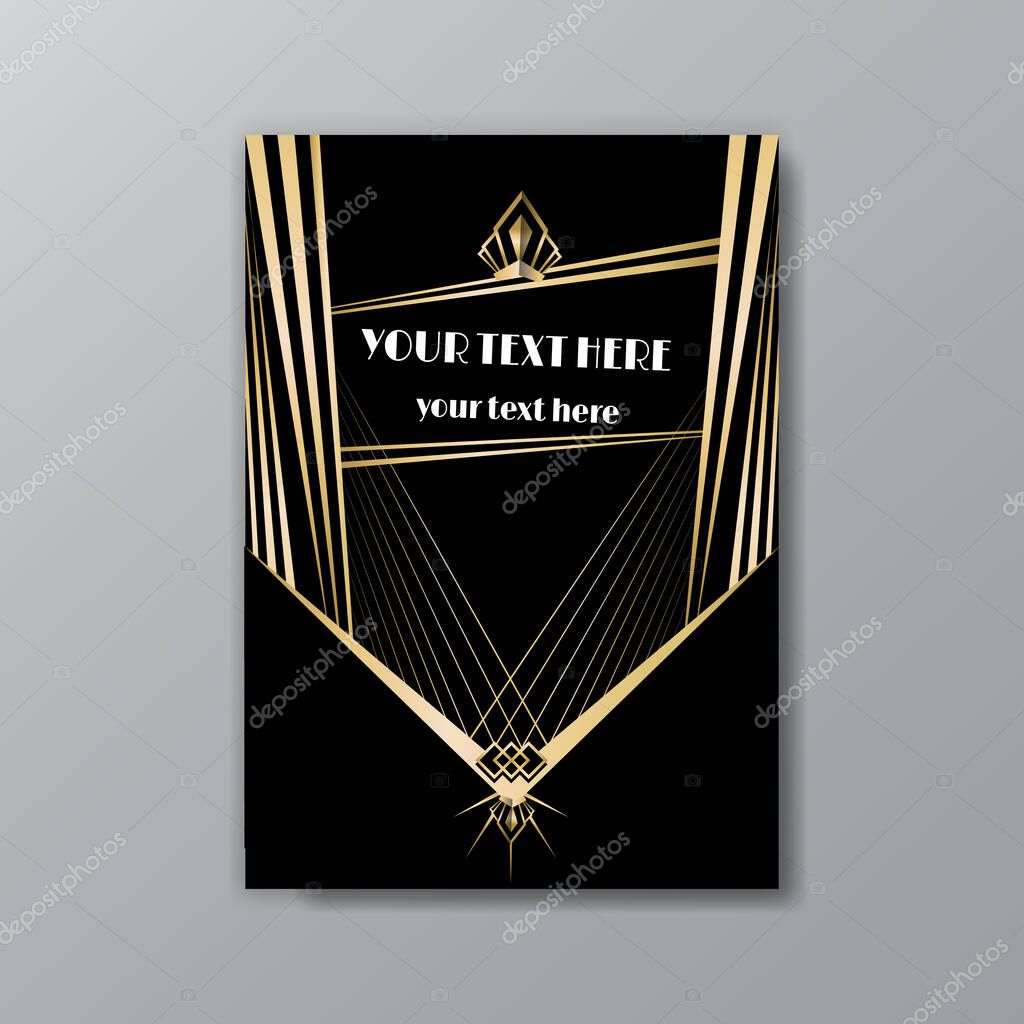 Art Deco elegant golden black page template, retro  style for web and print, city and the lights with golden geometric lines pattern. Modern design for menu or flyer, luxury gentle invitation