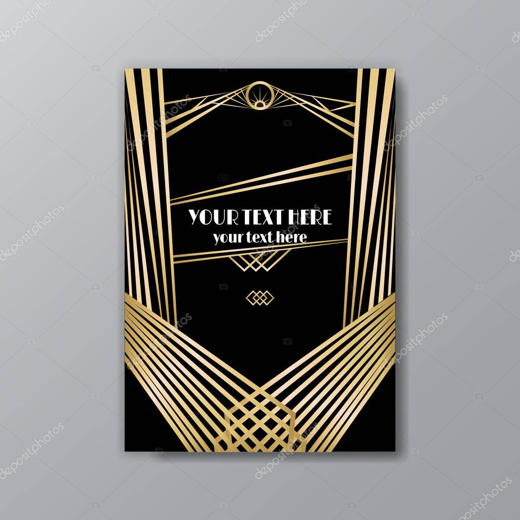 Art Deco elegant golden black page template, retro  style for web and print, city and the lights with golden geometric lines pattern. Modern design for menu or flyer, luxury gentle invitation