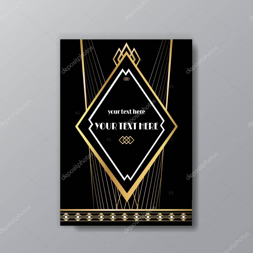 Art Deco elegant golden black page template, retro  style for web and print, city and the lights with golden geometric lines pattern. Modern design for menu or flyer, luxury gentle invitation