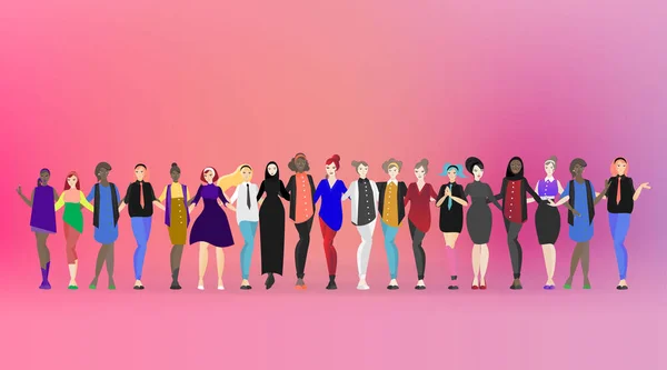 Hermosas mujeres diversas de pie juntas. Con ropa diferente — Vector de stock