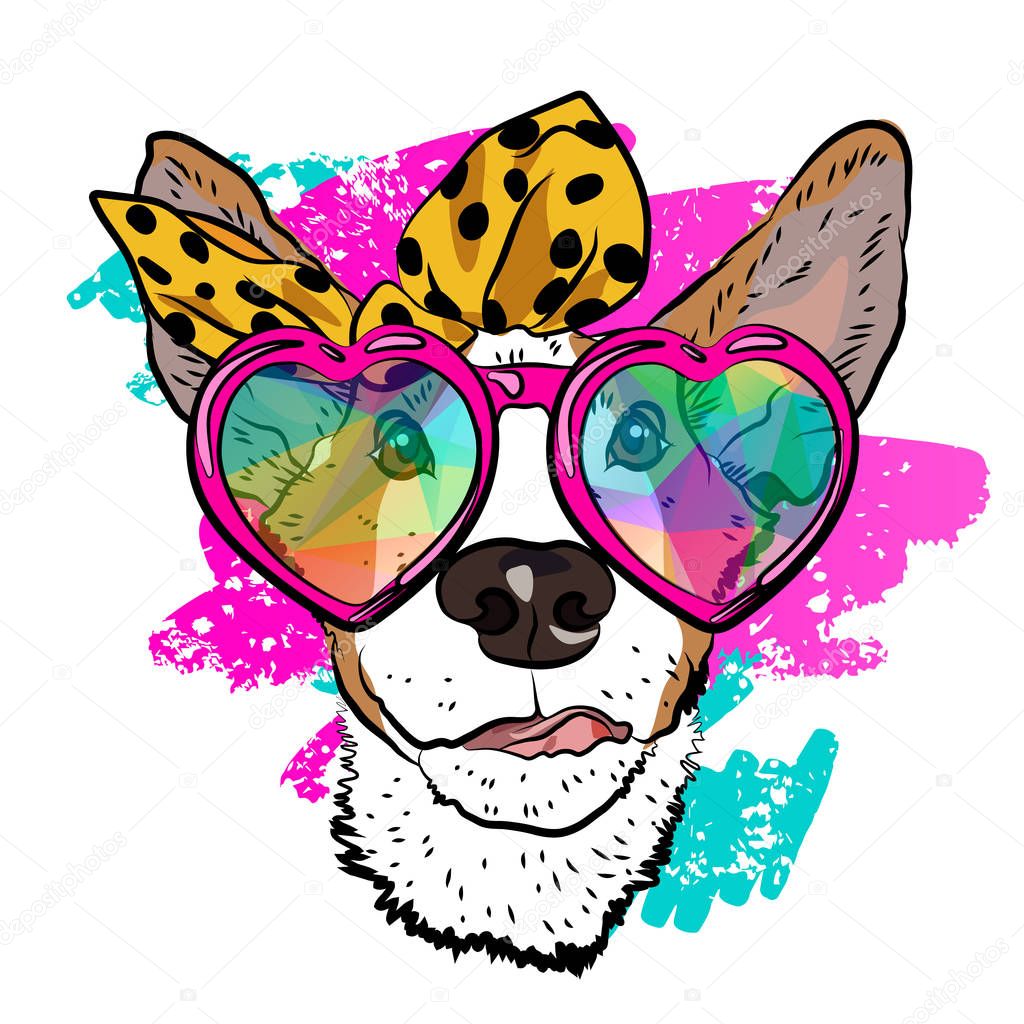 Cool summer print for your T-shirt with fashionable dog. Colorful vector design.
