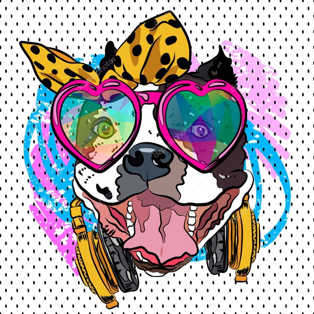 Cartoon dog print. Fun poster. Sketch vector comic portrait. Cool girl.