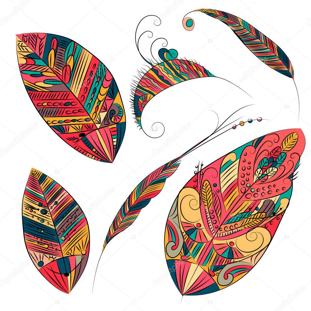Set of ethnic feathers. Tribal feathers. Vector illustration.