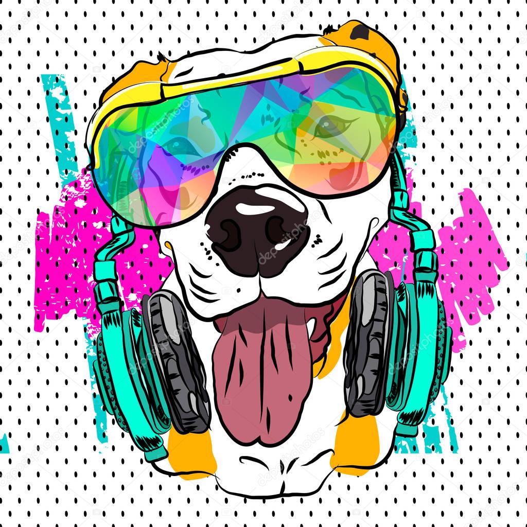 Print for a cool summer t-shirt with a bulldog in sunglasses. Vector illustration.