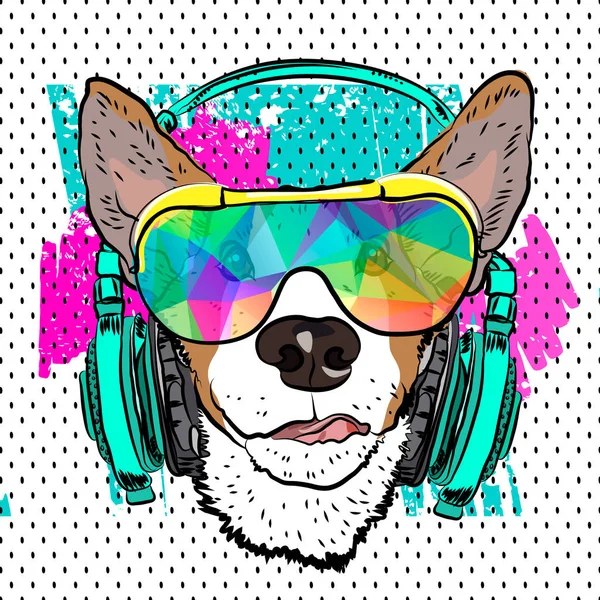 Coquin Chien Avec Lunettes Écouteurs Sur Shirt Vecteur — Image vectorielle