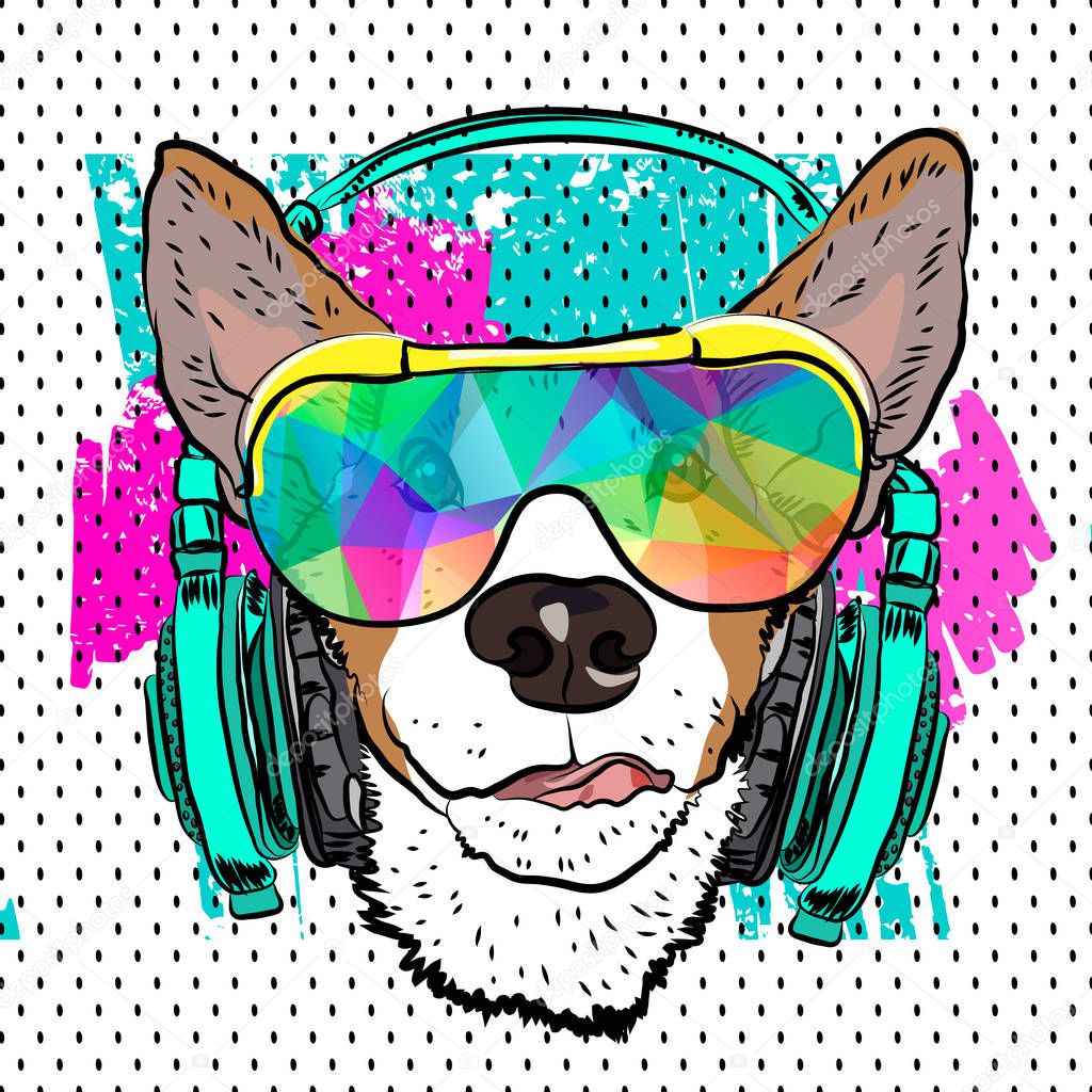 Naughty dog with glasses and headphones on the t-shirt. Vector.