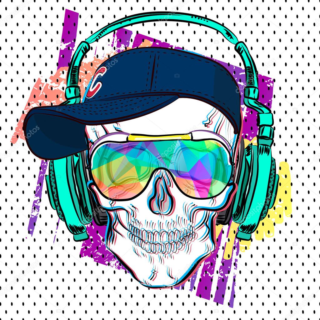 Color summer print with skull. Vector sketch.
