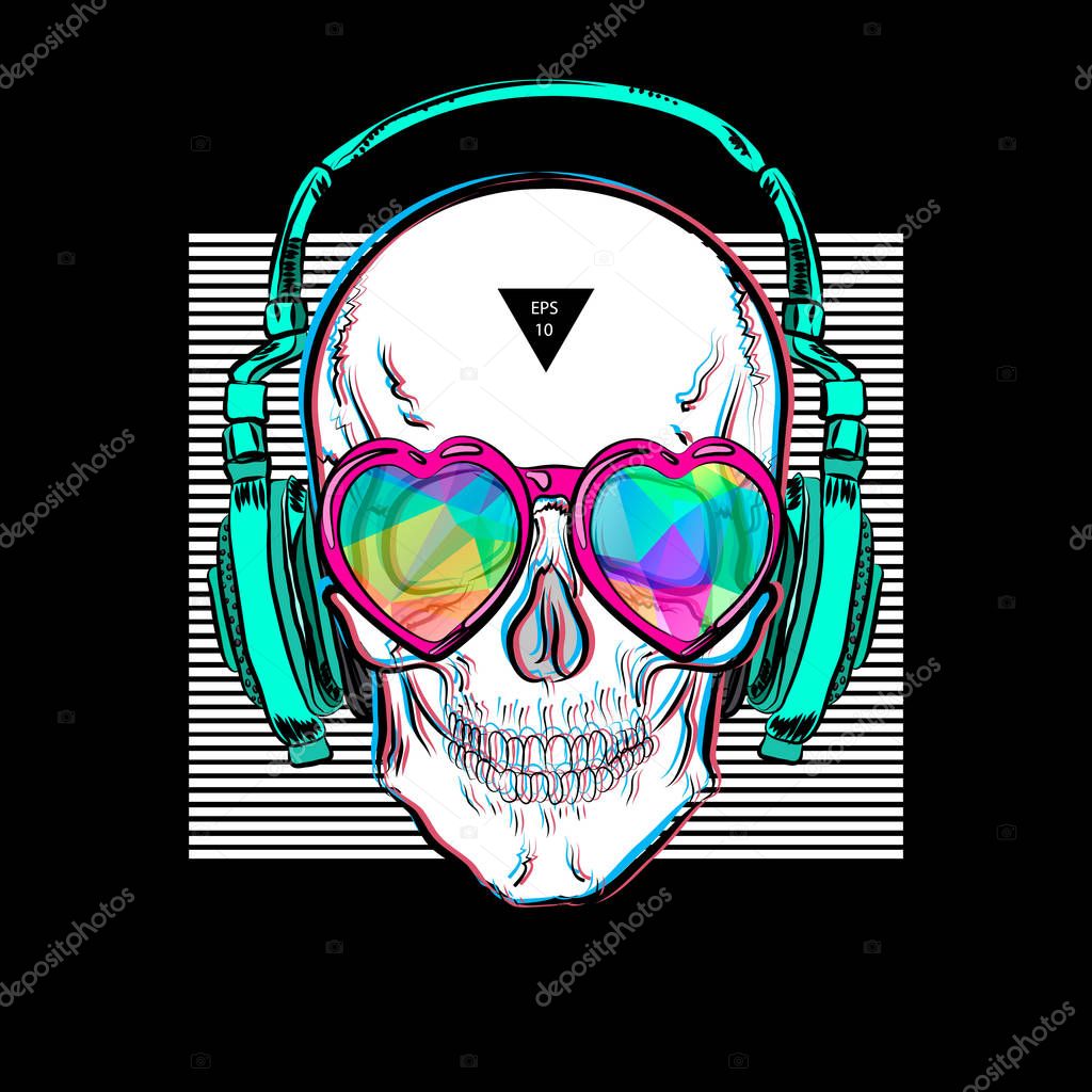 Skull in glasses of hearts and in ear-phones. Vector illustration EPS10. Design a poster for a t-shirt.
