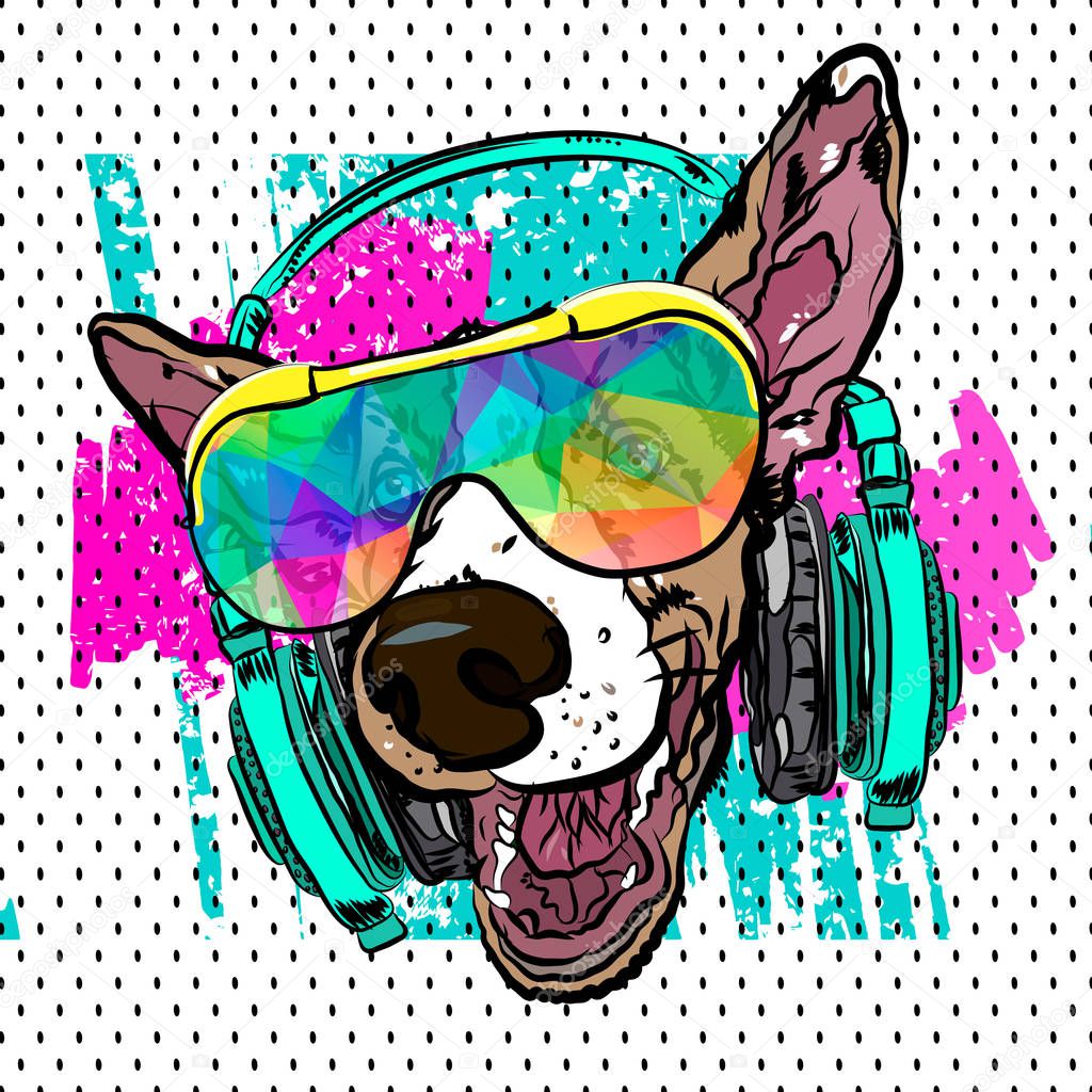 Colorful vector poster with dog on t-shirt.