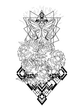 Boho Yazdır. Buket Şakayık çiçekleri ile. T-shirtler için güzel siyah-beyaz grafik. Mistik dövme. Vektör çizim eps 10.