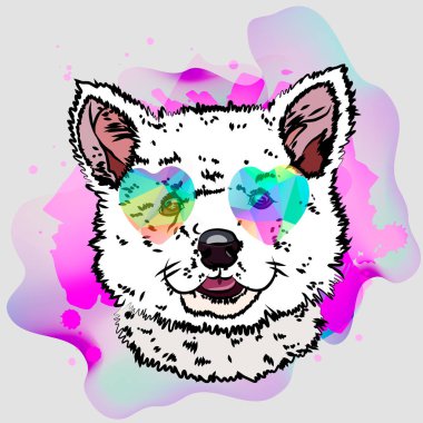 Serin Gençlik köpek ile yazdırın. Trendy gözlüklü köpek yavrusu. Vektör suluboya yazdırma.