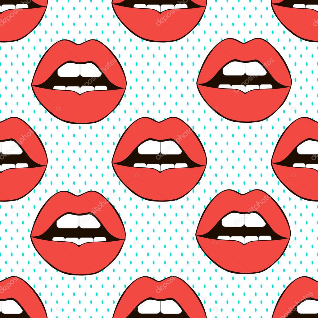 Cartoon seamless pattern lips. Comic pop background. Vector love pattern.