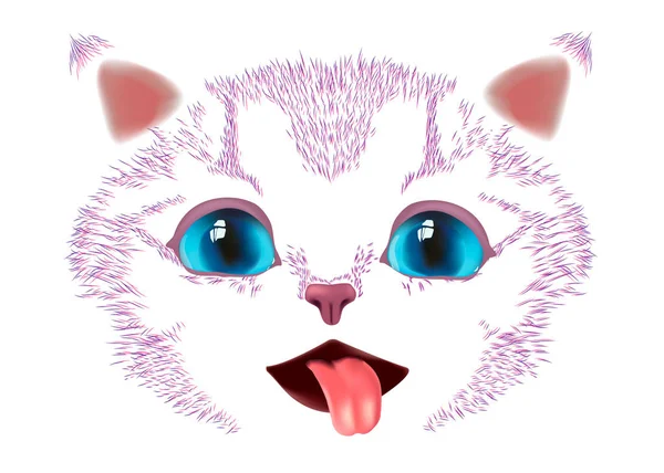 Sweet Kitten Licks Glass Big Realistic Eyes Glitch Effect Illustration — Stock Vector