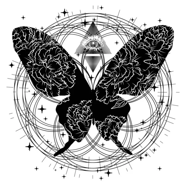 神秘的插图与轮廓蝴蝶和第三只眼睛 可用于炼金术 神秘主义 神秘主义 隐身术 冥想等领域 — 图库矢量图片