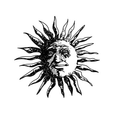 Güneşin yüzü klasik tarzda. Vektör çizimi. Siyah beyaz grafikler. Güneşin logosu.