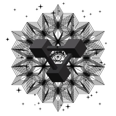 Gözle yapılan mistik bir çizim. İzole vektör çizimi. Dövme, yoga, maneviyat, tekstil.