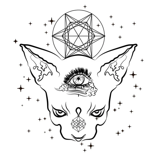 Fantastyczne Stworzenie Kot Trzecim Okiem Ilustracja Mistyczna Religia Symbolizm Tatuażu — Wektor stockowy