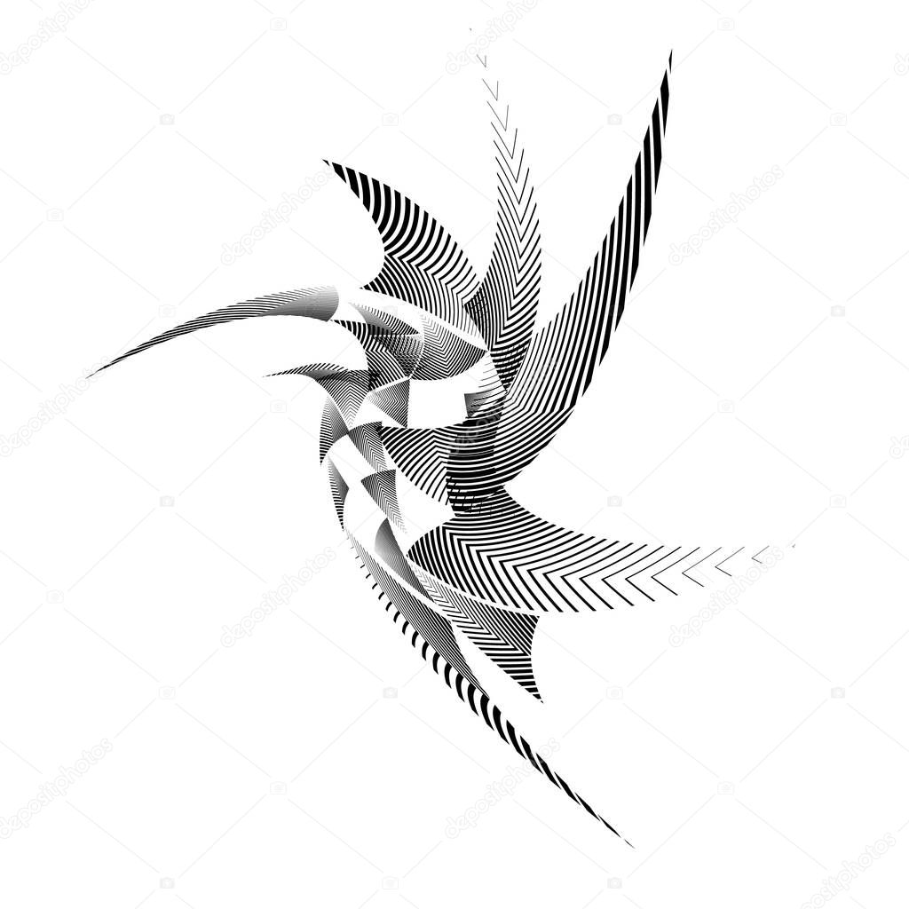 Composition of linear forms depicting a bird. Bird flies spread its wings.