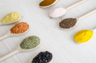 Beyaz ahşap zemin üzerinde tahta kaşıklar içinde farklı baharatlar