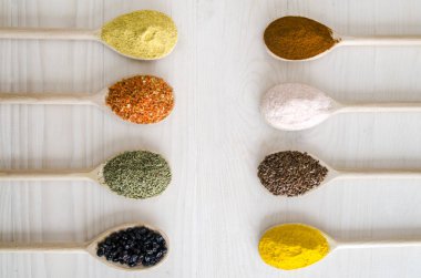 Beyaz ahşap zemin üzerinde tahta kaşıklar içinde farklı baharatlar