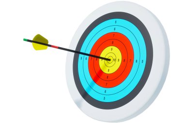 Archery target. The arrow hit right on target. 3D render. Isolate