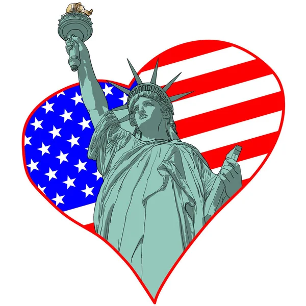 Amerikan bayrağının arka planında Özgürlük Anıtı. Kalp şeklinde bayrak.