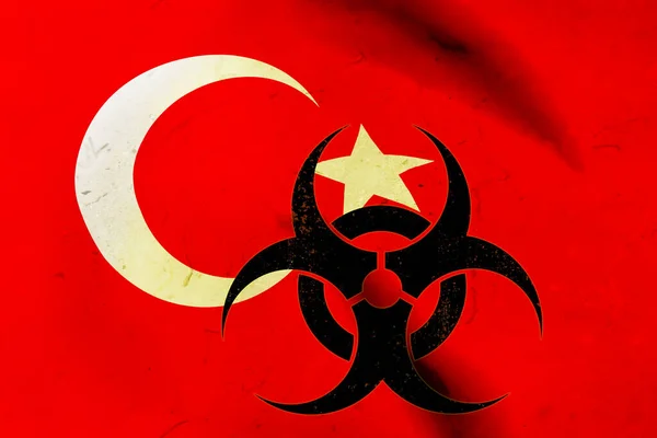 トルコの国旗を背景にBiohazardのシンボル 3Dモデル レンダリング — ストック写真