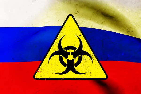 Biohazard Assina Triângulo Amarelo Contexto Bandeira Rússia Modelo Renderizar — Fotografia de Stock