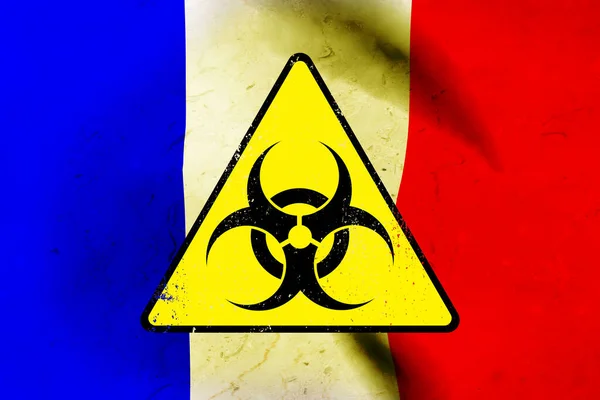 Biohazard Jel Sárga Háromszögben Francia Zászló Hátterében Modell Kiolvasztás — Stock Fotó