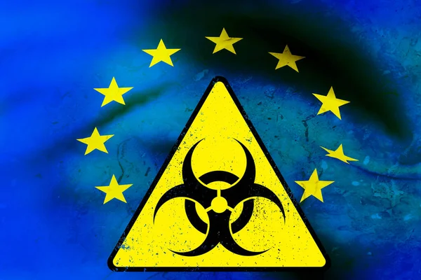 Biohazard Sign Yellow Triangle Background Flag European Union Model Render — Stock Photo, Image