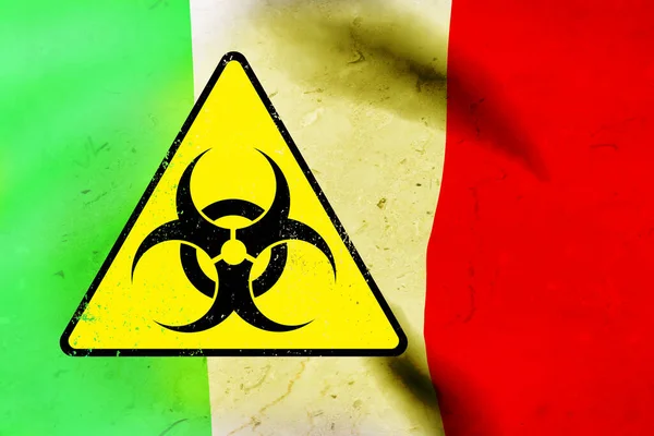 Biohazard Jel Sárga Háromszögben Olaszország Zászlajának Hátterében Modell Kiolvasztás — Stock Fotó